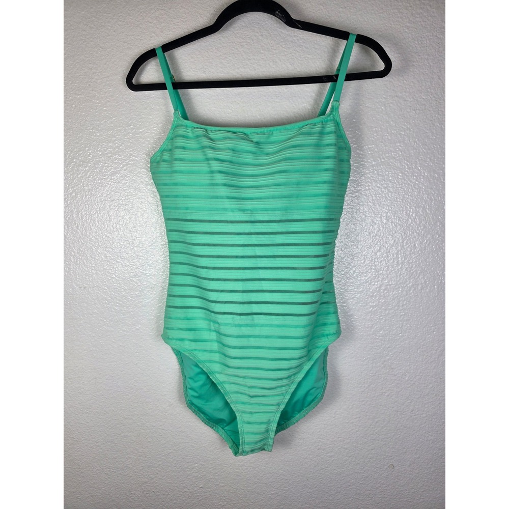 La Blanca Women Aqua Green Mesh Stripe One Piece Swimsuit UPF 50+ Size 12